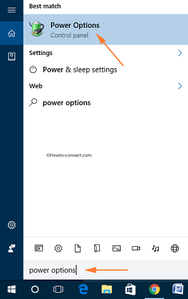 Power Options Cortana search