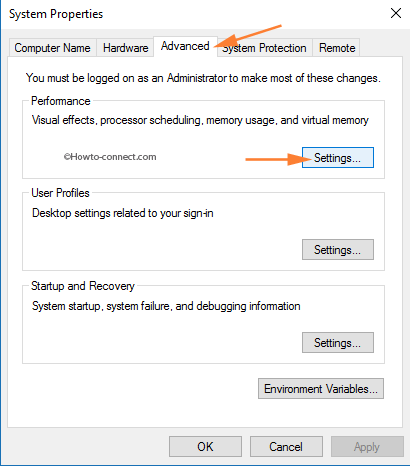 System Properties Advanced tab Settings button