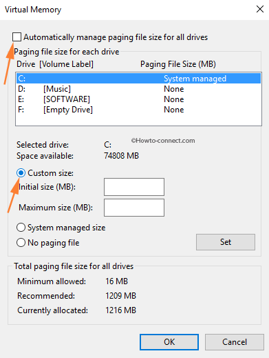 Virtual Memory Untick Automatic paging file check Custom size
