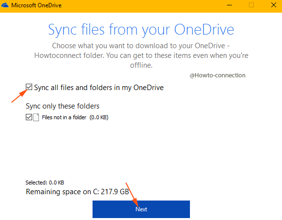 sync files from your onedrive next button