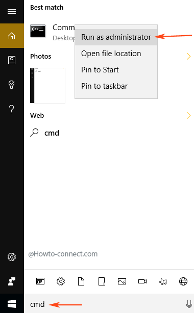 cmd in cortana search area command prompt at the top under best match run as administrator right click
