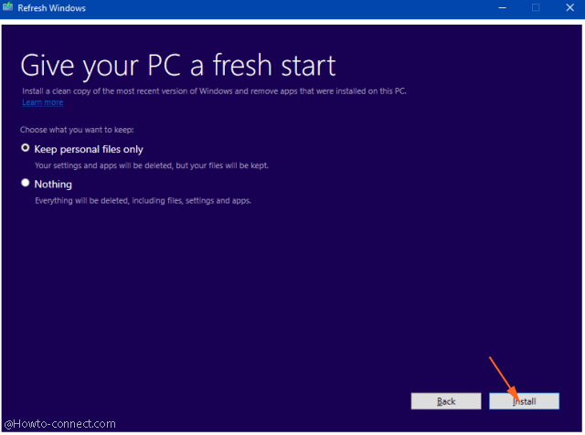give your pc a fresh start keep_personal files only install button