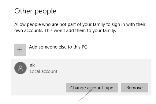 change account type button local user