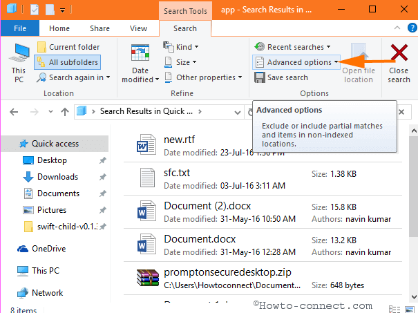 advanced options ribbon file explorer search tool