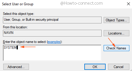 enter the object name to select user or group wizard