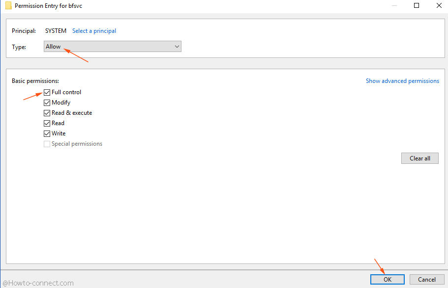 permission entry for filename type allow basic permission full control