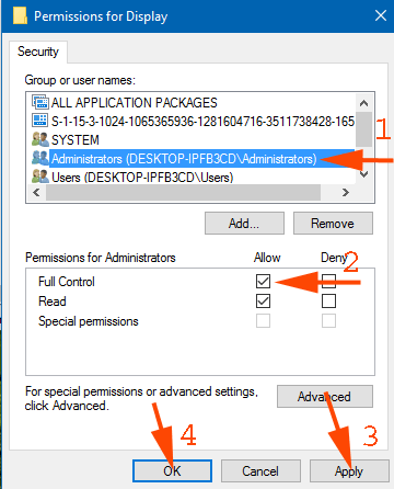 administrators in Group or user names and Allow full control in permission for administrator apply button