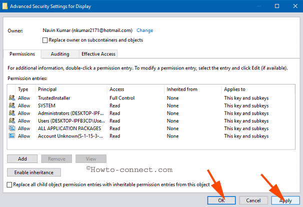 apply button advanced security settings for display