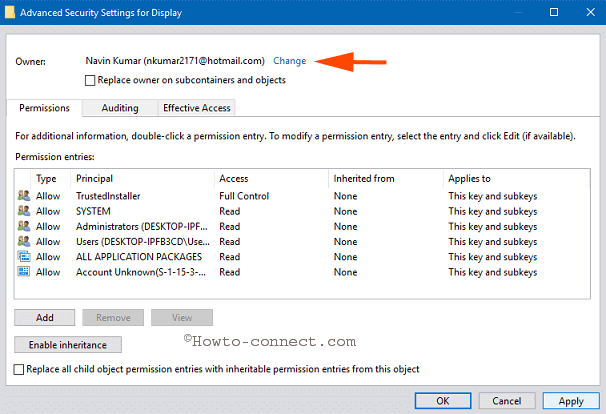 change link owner advanced security settings for display
