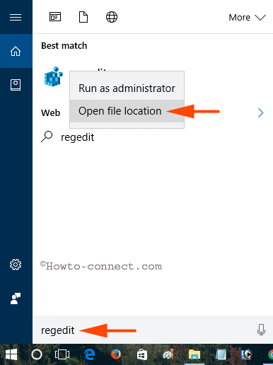 open file location regedit search start