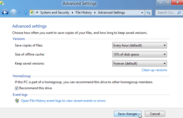 advance setting in windows 8 file history