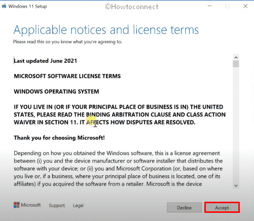 Accept license terms of Windows 11 setup