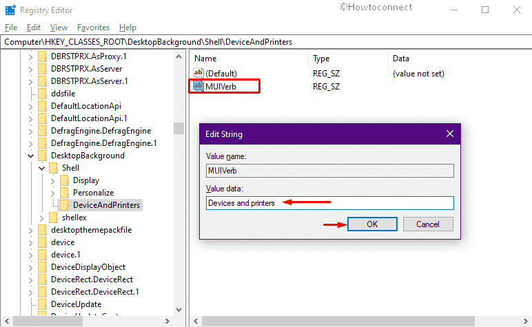 Add Devices and Printers in the context menu - Create and modify string value MUIverb