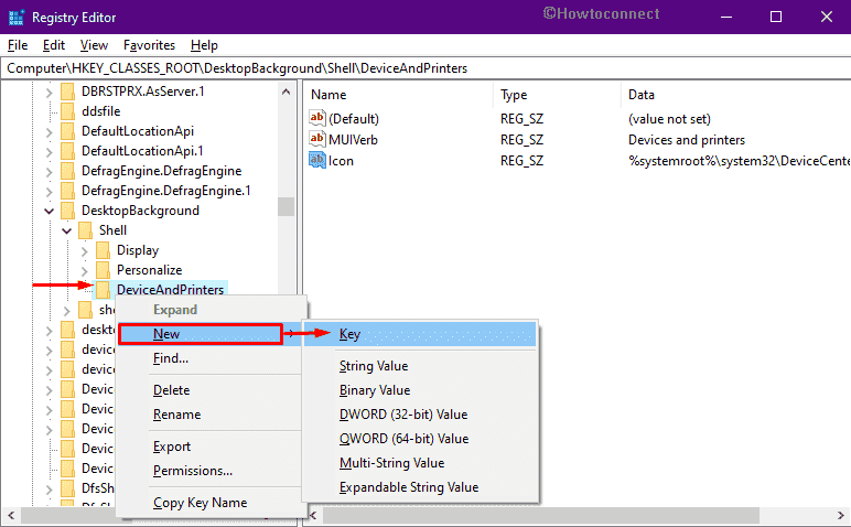 Add Devices and Printers in the context menu - Create subkey Command