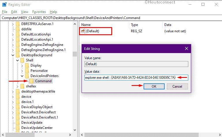 Add Devices and Printers in the context menu - Set the value for Default string key