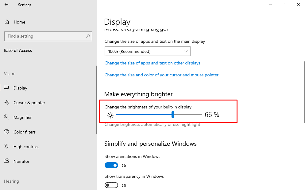 Adjust Brightness on Windows 10 Desktop from Ease of Access Settings image 2