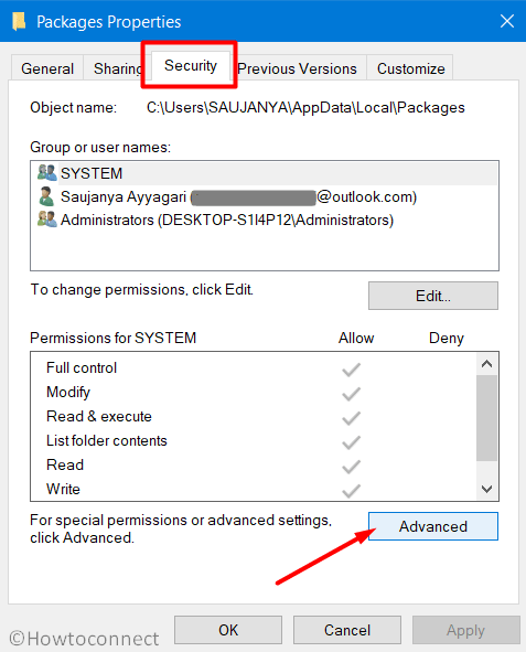 Advanced button of Packages folder Properties Windows 10 Pic 3