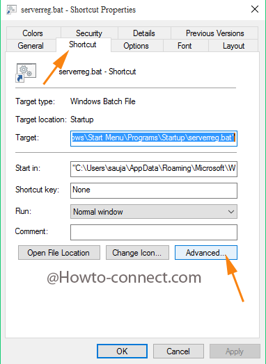 Advanced button under the Shortcut tab of the serverreg.bat Shortcut Properties box