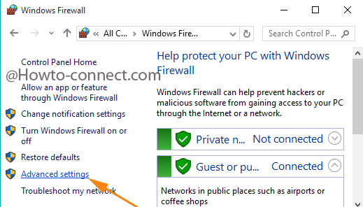 Advanced settings at the left fringe of Windows Firewall