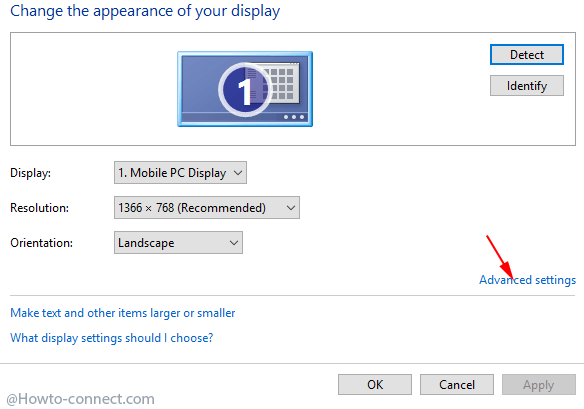 Advanced settings link on change the appearance of your display window