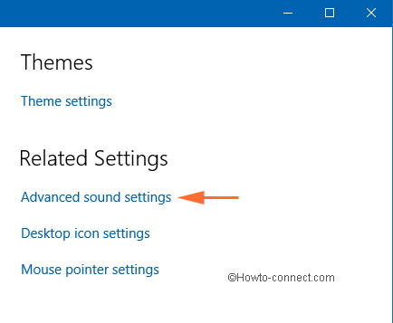 Advanced sound settings link under Themes segment