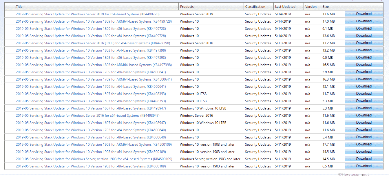 All SSU Servicing Stack Updates for Windows 10 May 2019