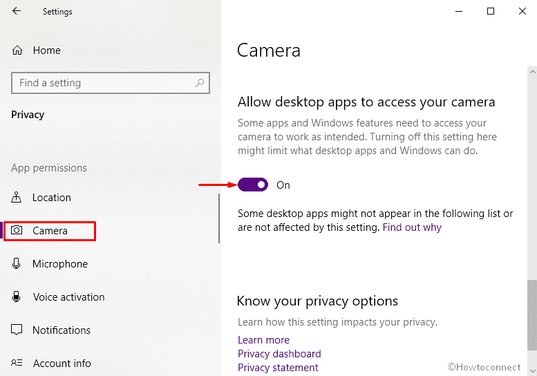 Allow desktop apps to access your camera