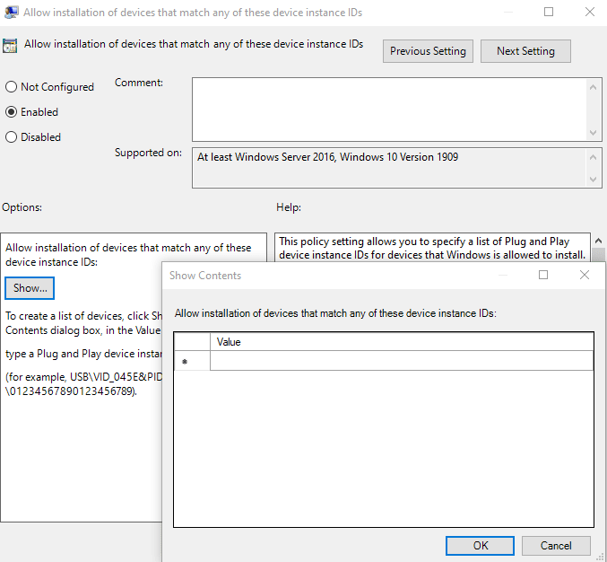 Allow installation of devices that match any of these device instance IDS group policy