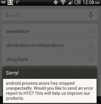 Android.process.acore has stopped unexpectedly