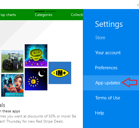 App updates button of the Settings charm