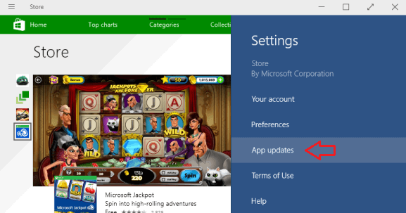 App updates options of Settings charm of windows Store
