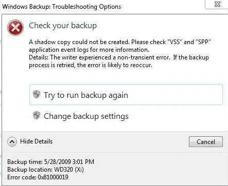 Backup Error Code 0x81000019