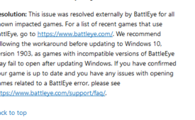 BattlEye Windows 10 1903 Issue Got Fixed