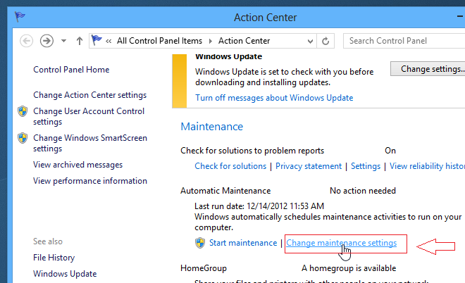 change maintenance settings in windows 8
