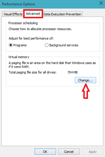 Change button of Virtual memory of Advanced tab of Performance Options window