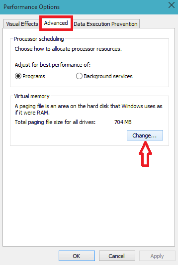 Change button of Virtual memory of Advanced tab of Performance Options window Change button of Virtual memory of Advanced tab of Performance Options window