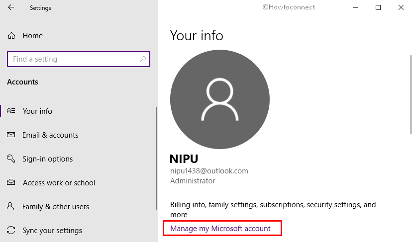 Change the Name on Lock Screen-click on manage my Microsoft account