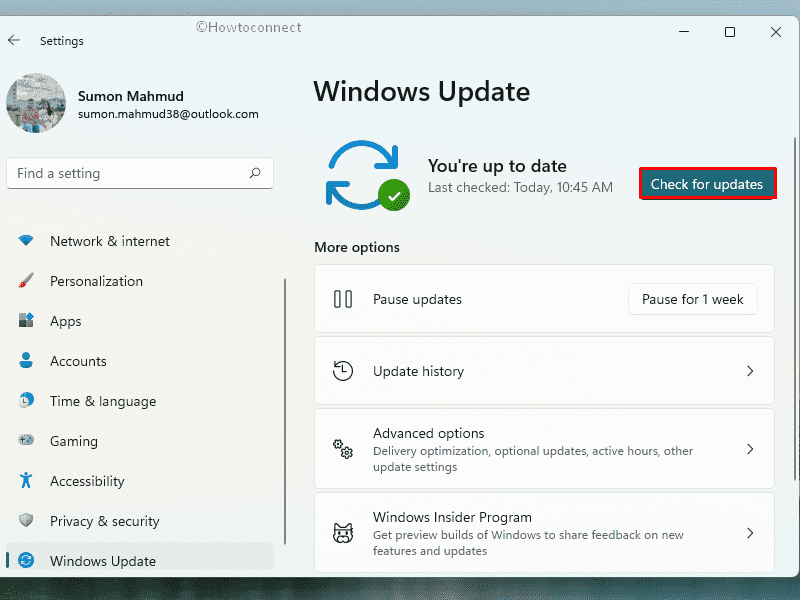Check for Windows update