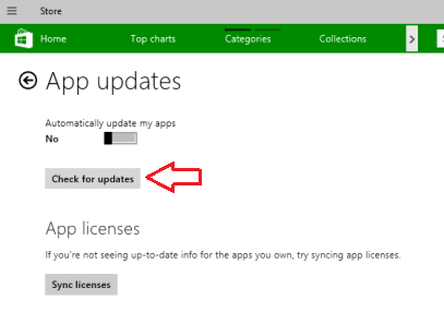 Check for updates button in windows Store