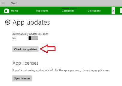 Check for updates button in Store Check for updates button in windows Store
