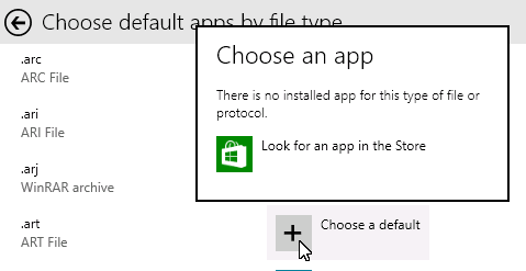 Choose Default apps by file type window in Windows 10