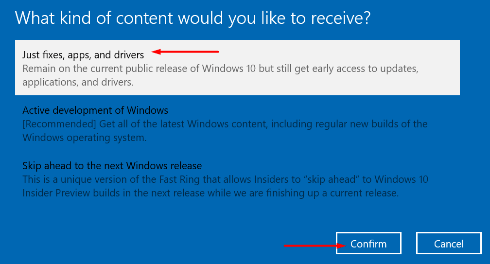 Choose Just Fixes, app, and drivers option Pic 2