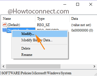 Choose Modify option after right clicking the created DWORD Value