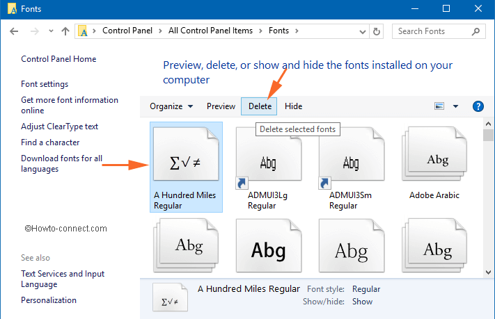 fonts in Windows 10 and click on delete