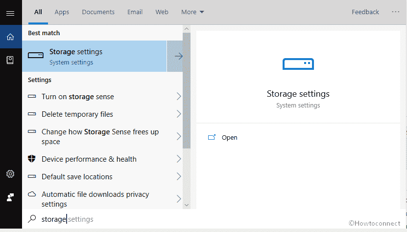 Clear Cache on Windows 10 - Storage settings open