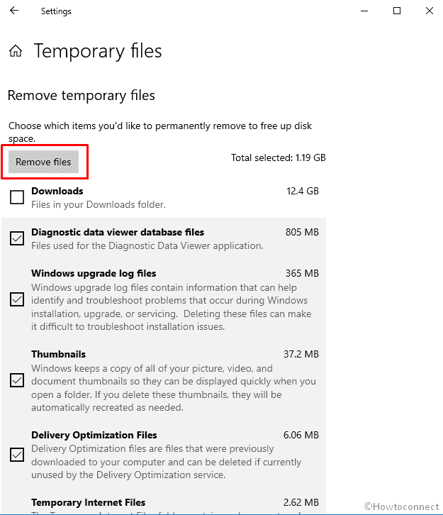 Clear Cache on Windows 10 remove button to delete temporary files