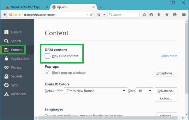 How to Disable Play DRM Content in Firefox 38 of Conent pane