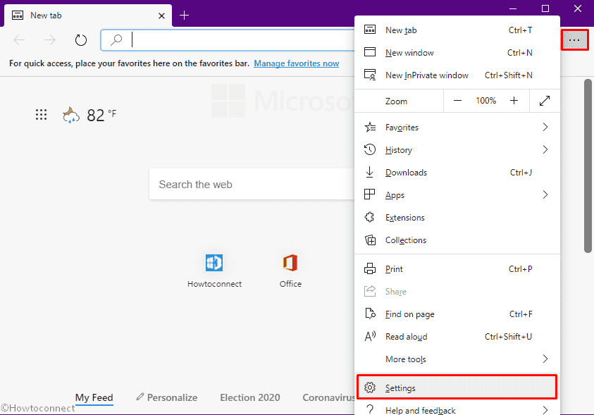 Click Settings from the More options of Edge browser