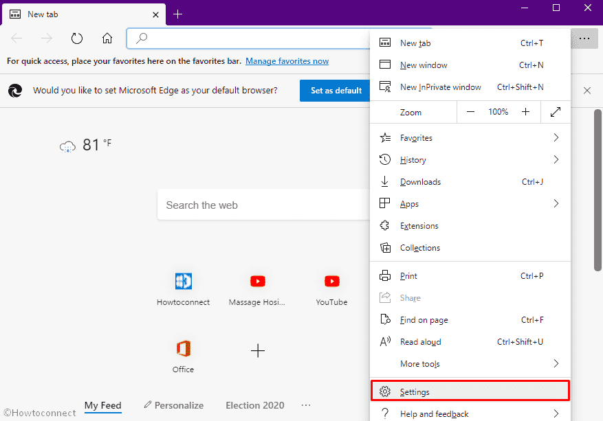 Click Settings from the More options of Edge