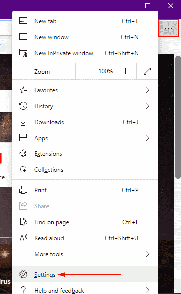 Click the Settings option of Microsoft Edge